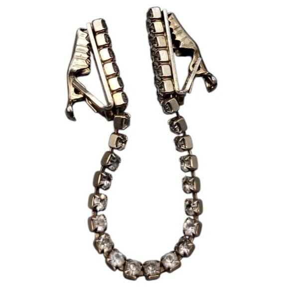 1950s Rhinestone Sweater Guaryd Clips Silver Tone Prong Set Clear Stones - Picture 5 of 6